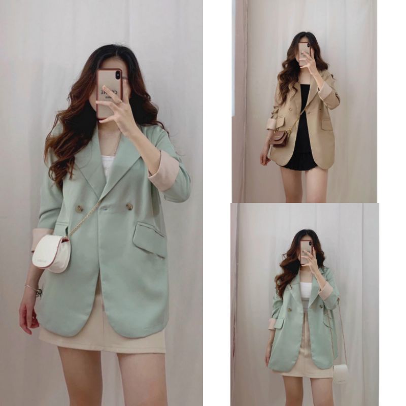 Áo Blazer Ms.1283 Áo Blazer Vest Tay Lật, Hai Cúc, Dáng Suông, Phối Túi Chéo, Chất Tuyết Mưa 1 Lớp