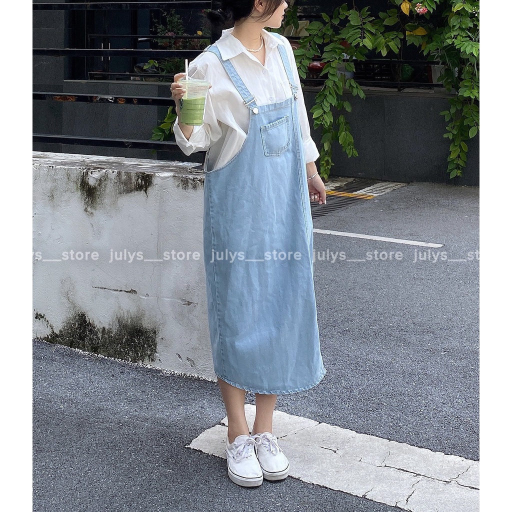 Yếm váy jeans vạt lệch form rộng oversize