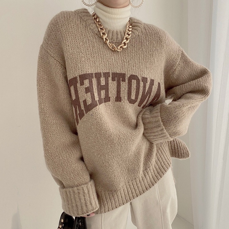 Porozi  Áo sweater nữ cổ tròn dáng rộng in chữ kiểu Hàn Quốc