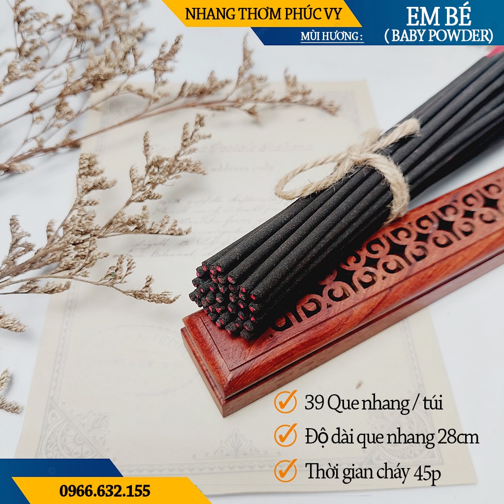 Nhang Thơm Phúc Vy Mùi Hương Em Bé - Túi 39 Cây 28cm, Ít Khói, Thơm Nhẹ, Dễ Chịu, Không kích mũi