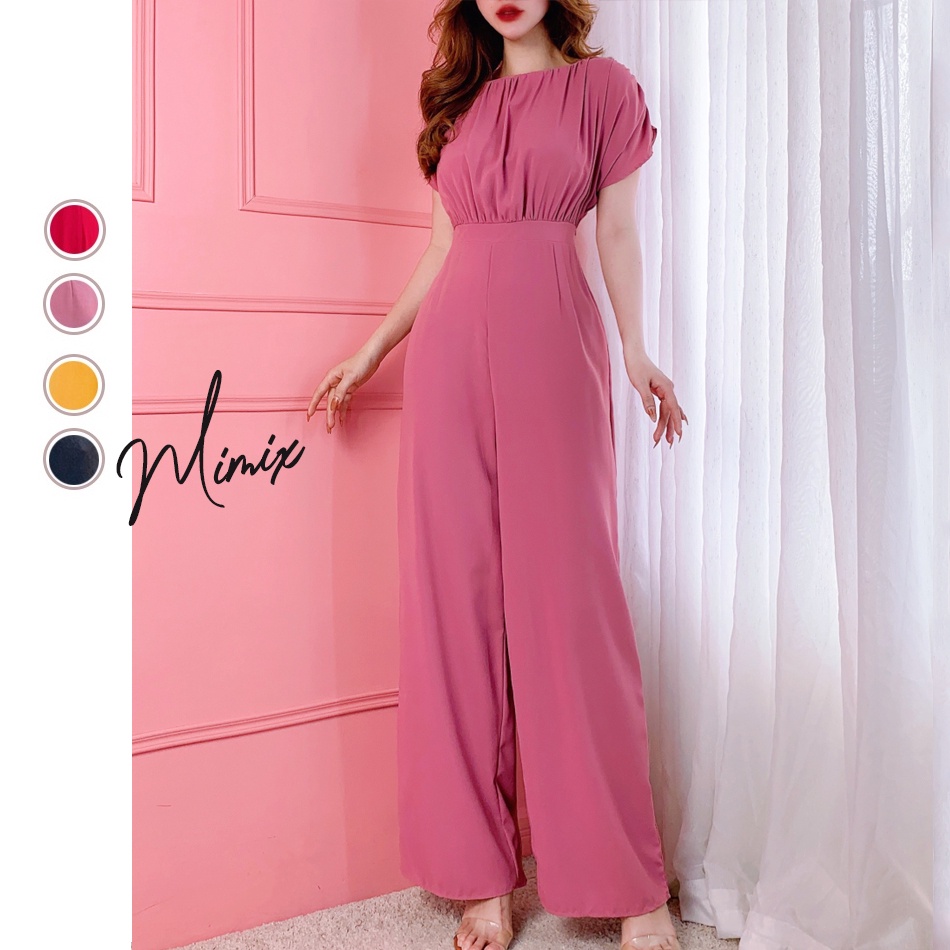 Jumpsuit áo liền quần trơn tay nhún buộc eo MIMIX sang trọng BJ0160
