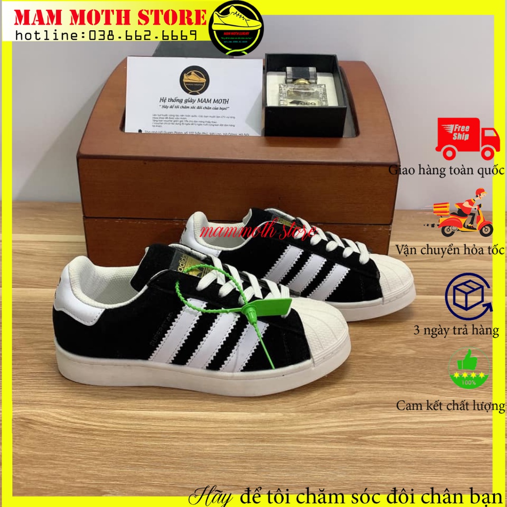 Giày supperstar,sneaker sò tem vang đen full box kèm combo quà tặng shop MAMMOTH