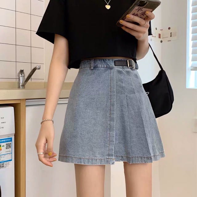 Chân váy xếp ly jean kèm thắt lưng Quảng Châu Cực Xinh Giá Rẻ