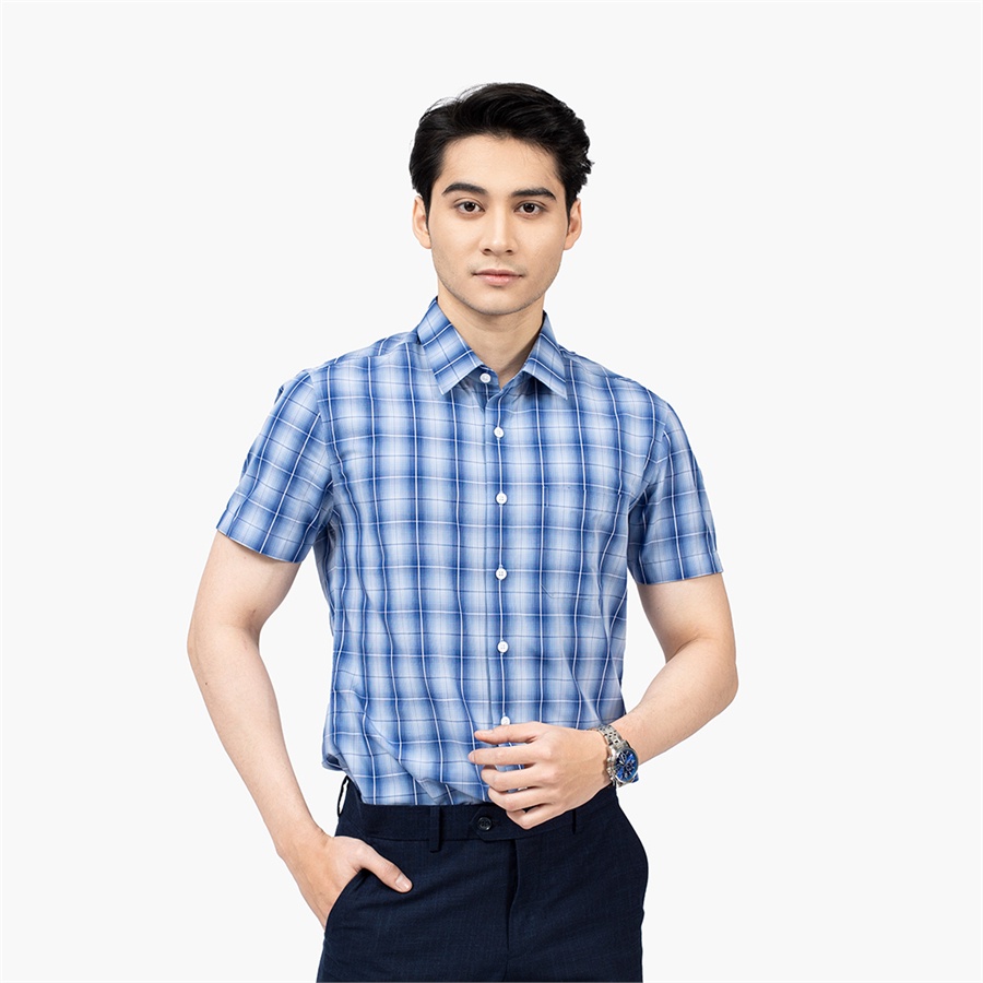 [MẪU MỚI] Áo sơ mi nam ngắn tay ARISTINO phom Perfect fit, họa tiết xanh kẻ trắng trẻ trung, lịch sự - ASS223S2