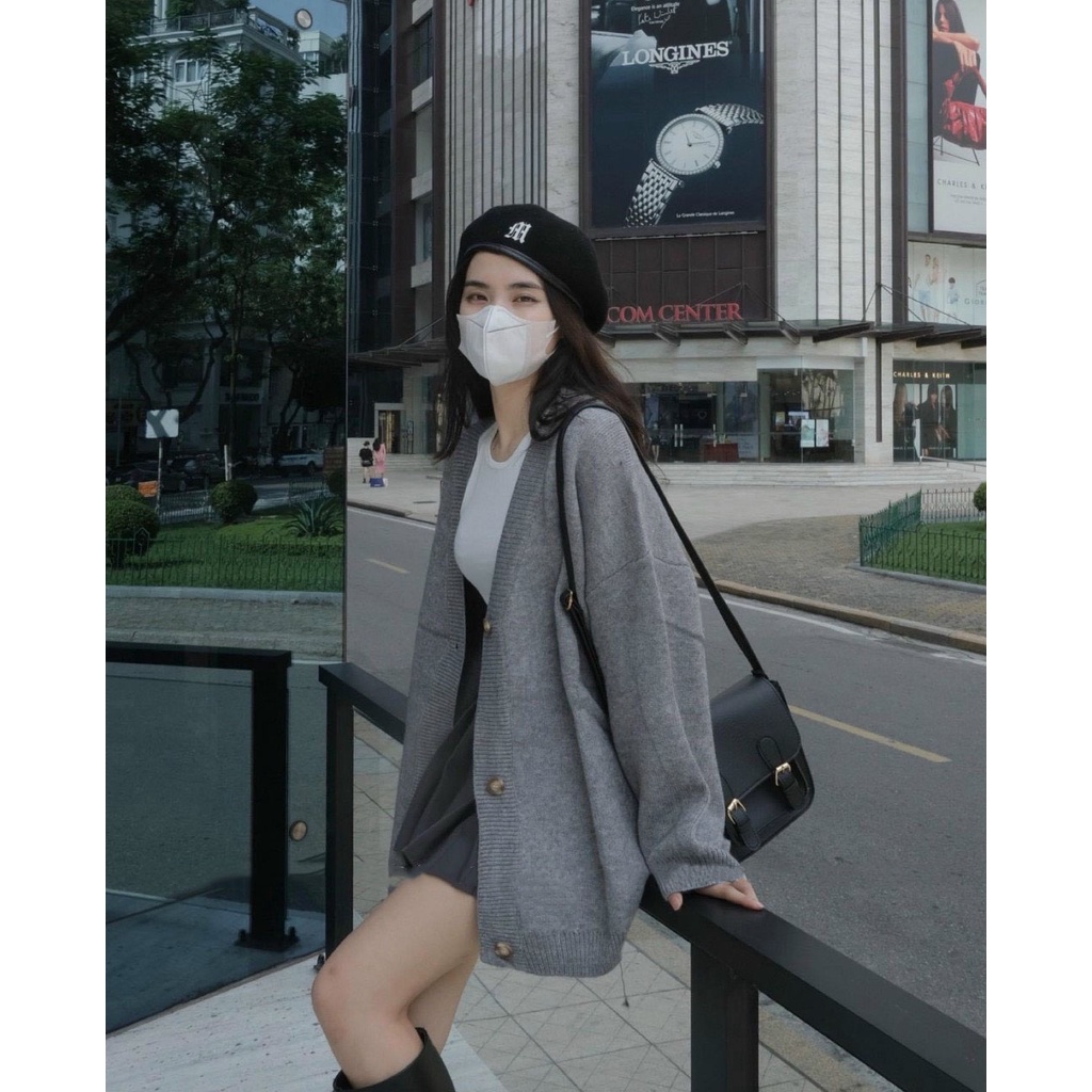 Chất Len Dày Nặng Tay Áo Khoác Len Cardigan Dai Tay Form Rộng Unisex Oversize ulzzang Cài Cúc Cổ Tim V Thêu Chữ AIlee