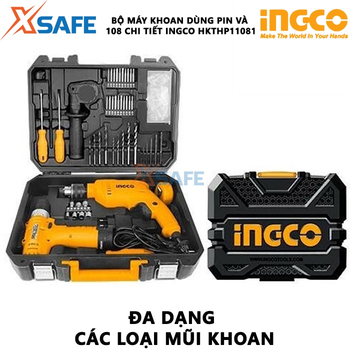 Bộ dụng cụ đồ nghề gia dụng INGCO HKTHP11081 108 chi tiết, gồm 1 khoan pin, 1 khoan búa, mũi khoan, tua vít, đầu tuýp,..