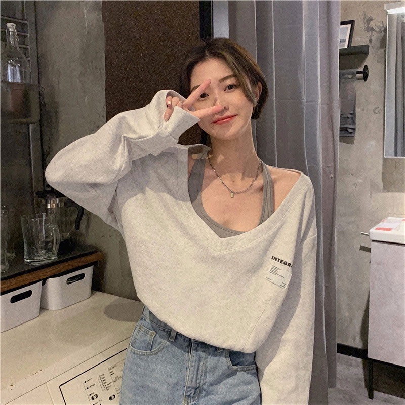 Áo sweater XINLANYASHE dáng rộng giả hai lớp cổ chữ v phối màu thời trang xu hướng Hàn Quốc cho nữ