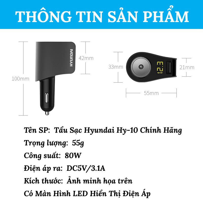 Tẩu Sạc Ô Tô Hyundai HY-10 Chính Hãng, Đầu Ra 3 Cổng USB, Có Màn Hình LED Hiển Thị Điện Áp