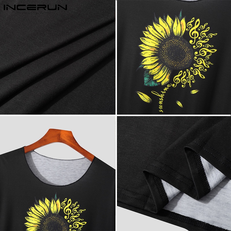 INCERUN Áo Thun Nam Ngắn Tay Cổ Tròn In Hoa