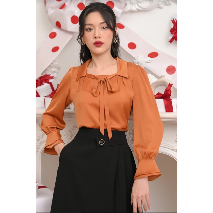 Áo sơ mi cổ dây nơ lụa tằm cam đất Lethia Shirt [AO04-1021]