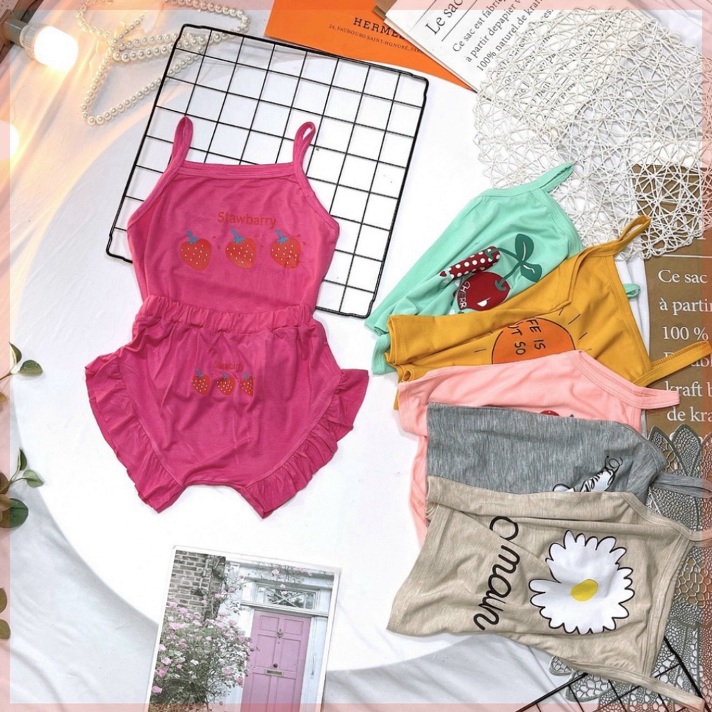 BỘ 2 DÂY BÉ GÁI VẢI COTTON IN HÌNH HOA QUẢ SUWBARRY SIÊU ĐÁNG YÊU