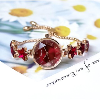 Đồng Hồ Nữ Kimio 6328 Hàng Chính Hãng Dây Kim Loại Nhỏ Xinh Lắc Sao - Màu Đỏ Đô