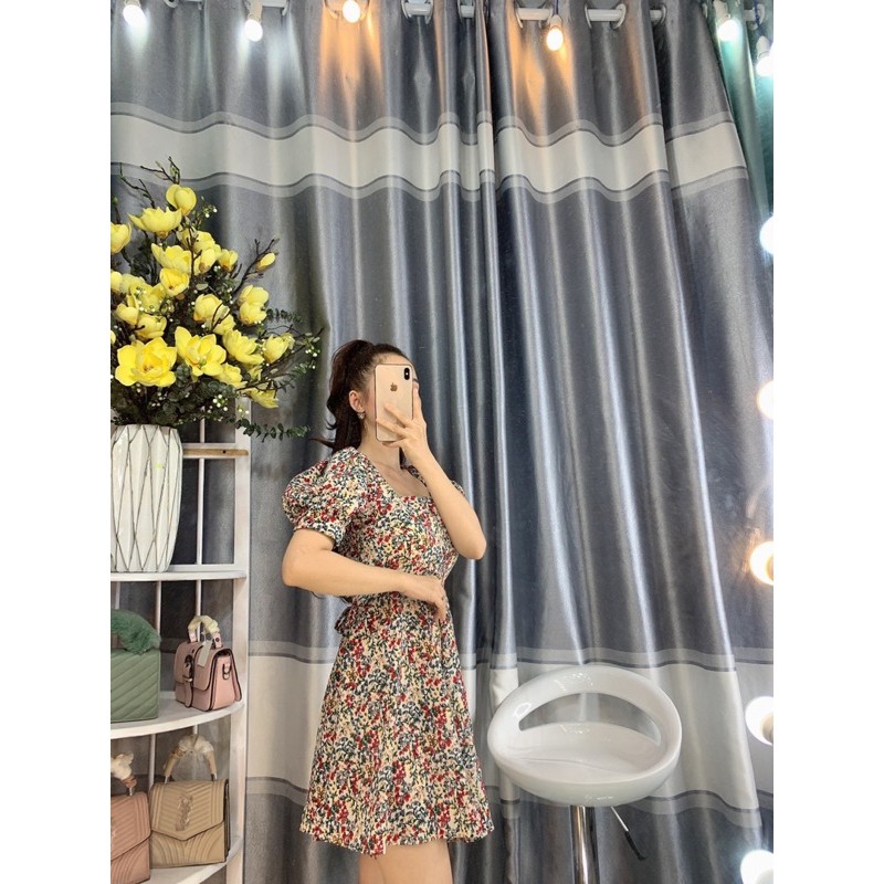 Váy Xòe Nữ 💖FREESHIP💖 Đầm Xòe Họa Tiết Hoa Ngắn Tay Cổ Vuông Sang Chảnh | BigBuy360 - bigbuy360.vn