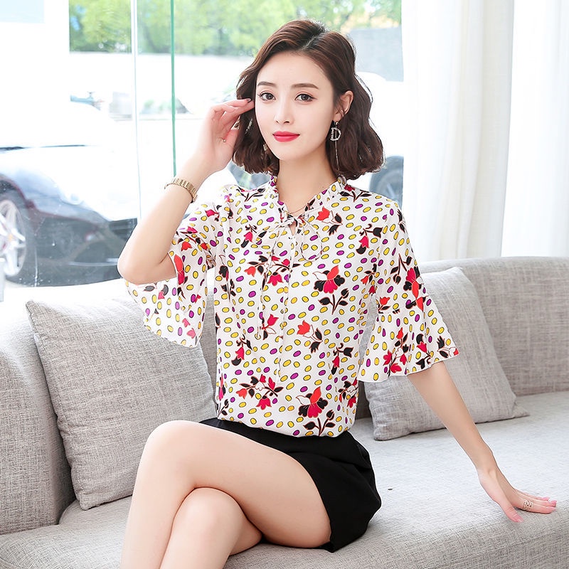 Áo sơ mi chiffon tay ngắn ống loe in hoa thời trang cho phụ nữ trung niên