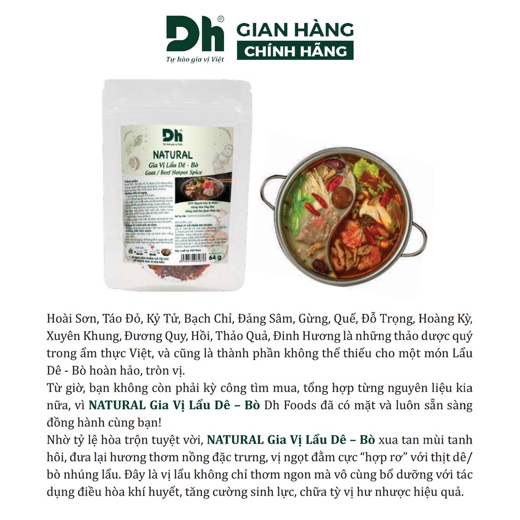 Gia vị lẩu dê bò Natural DH Foods nêm sẵn thành phần tự nhiên gói 64gr - DHGVT99