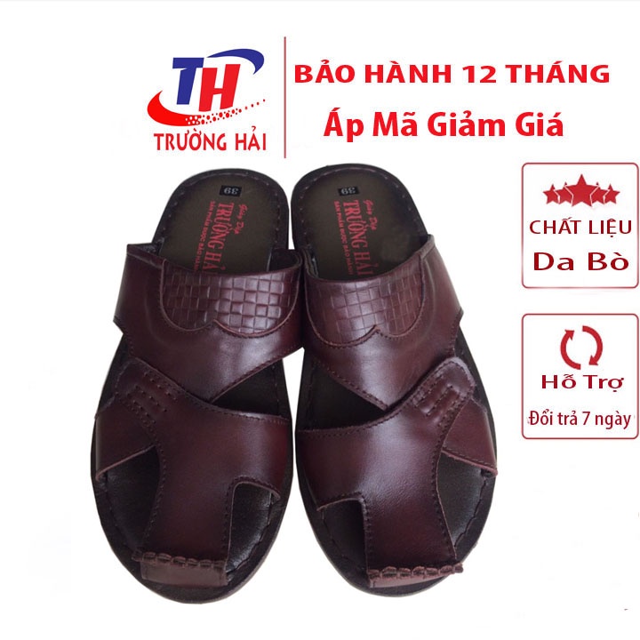 Dép Bit Mũi Nam da Bò Màu đen Trường Hải Đế Cao su Không trơn may chắc chắn DN230