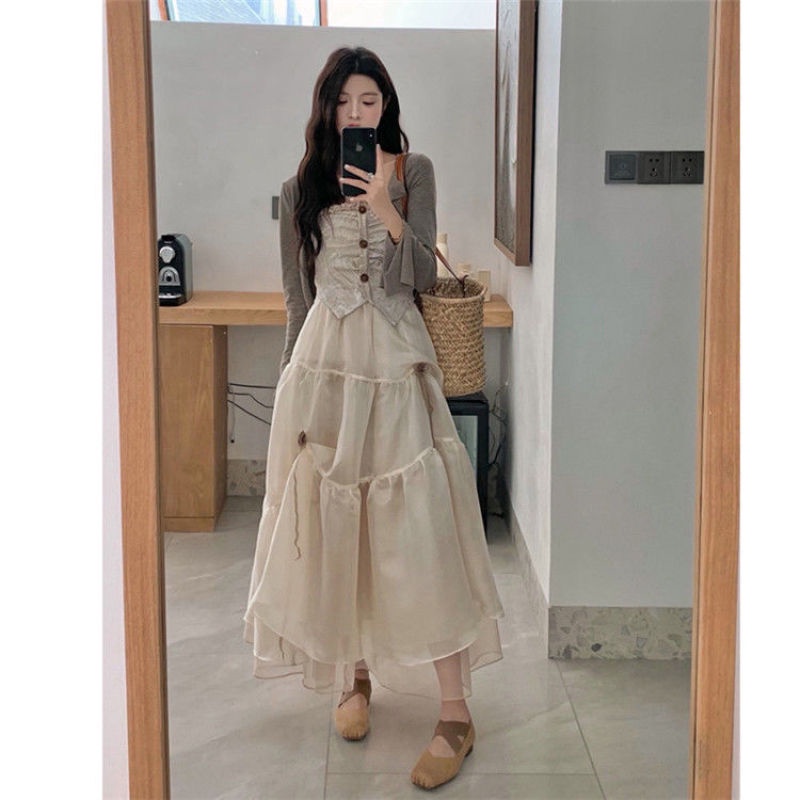 Đầm Dài Phối Lưới Phong Cách Hàn Quốc Cổ Điển Thời Trang Cho Nữ