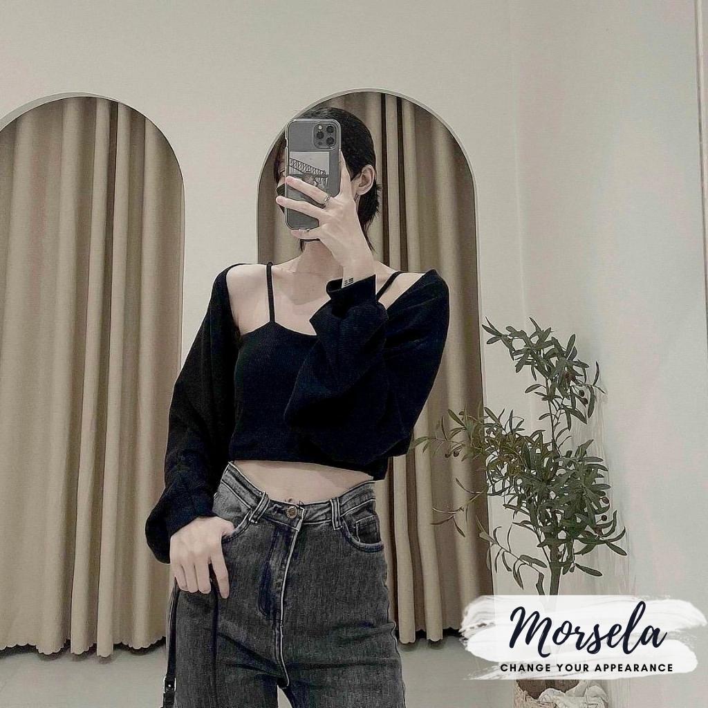 Set áo 2 dây ôm body kèm áo khoác cardigan gân dày dặn dáng tay bồng xinh xắn - Morsela -SET02