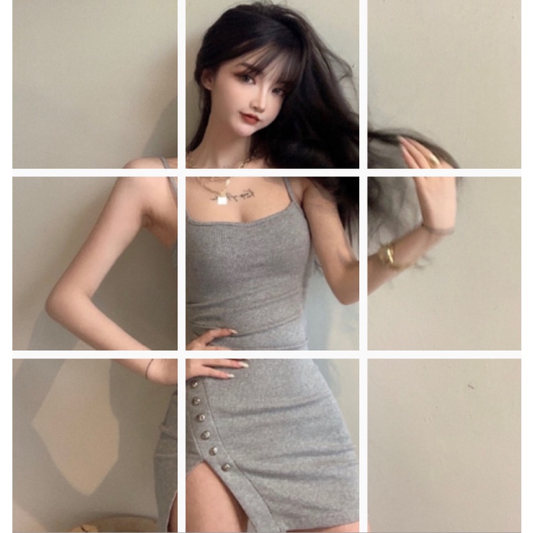 Đầm body 2 dây cổ vuông sexy, viền đính khuy cực sang chảnh | BigBuy360 - bigbuy360.vn