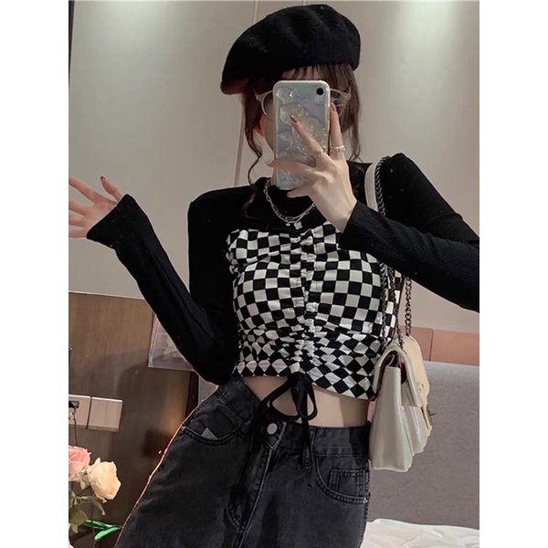 Áo Croptop len Cổ cao Tay Dài kẻ caro Unisex ❤️