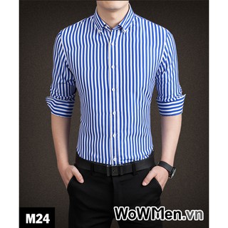 Áo Sơ Mi Nam Tay Dài Sọc Dọc Đứng Trắng Xanh - M24