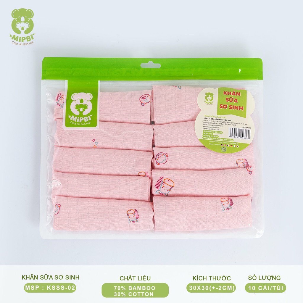 Khăn Sữa Sơ Sinh Mipbi CAO CẤP - 70% Sợi Tre 30% Bamboo - Set 10c, Kích Thước 30*30cm