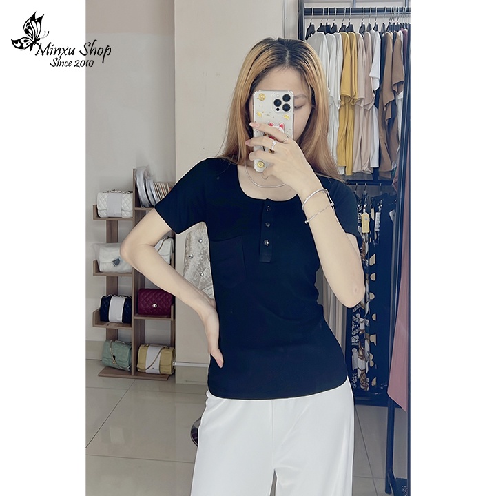 Áo thun nữ vải tăm cúc ngực, áo phông có túi ngực co giãn ôm body phong cách Hàn Quốc Minxu Shop ATD