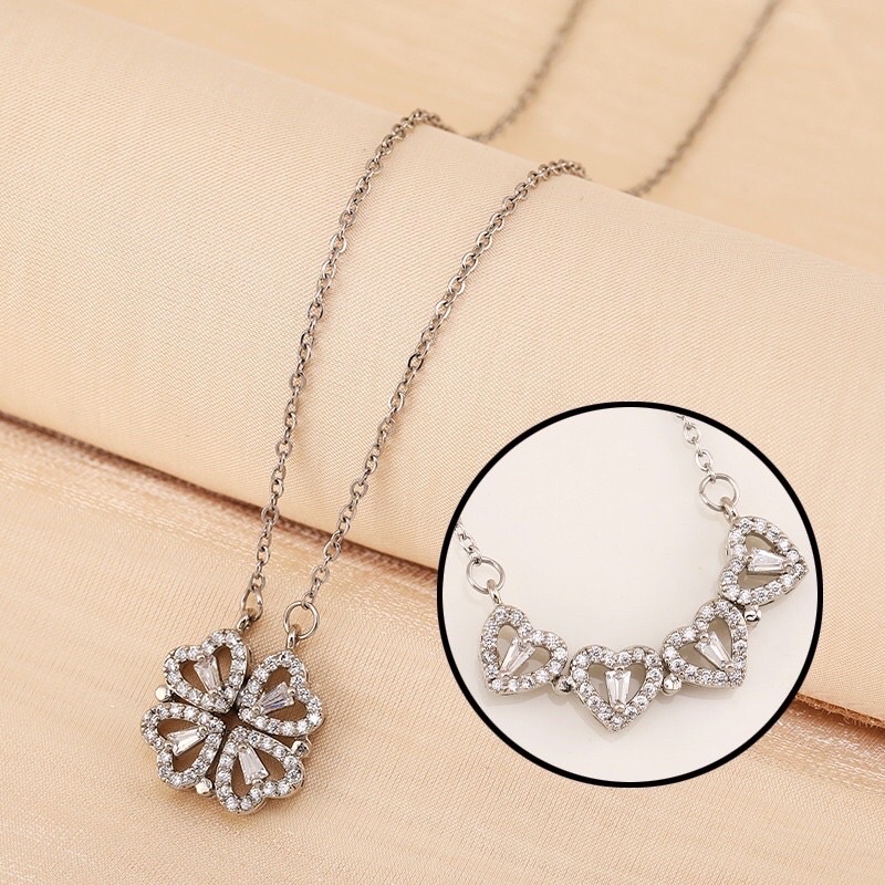 Vòng cổ hợp kim bạc titan , dây chuyền nữ cỏ 4 lá mang lại may mắn cho phái nữ , đeo 2 kiểu trái tim