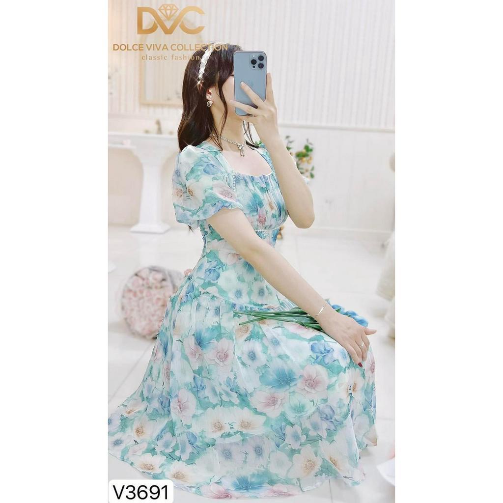 V3691 Váy voan hoa xanh tiểu thư nữ tính  váy hoa nhí xoè cổ vuông đính ngọc