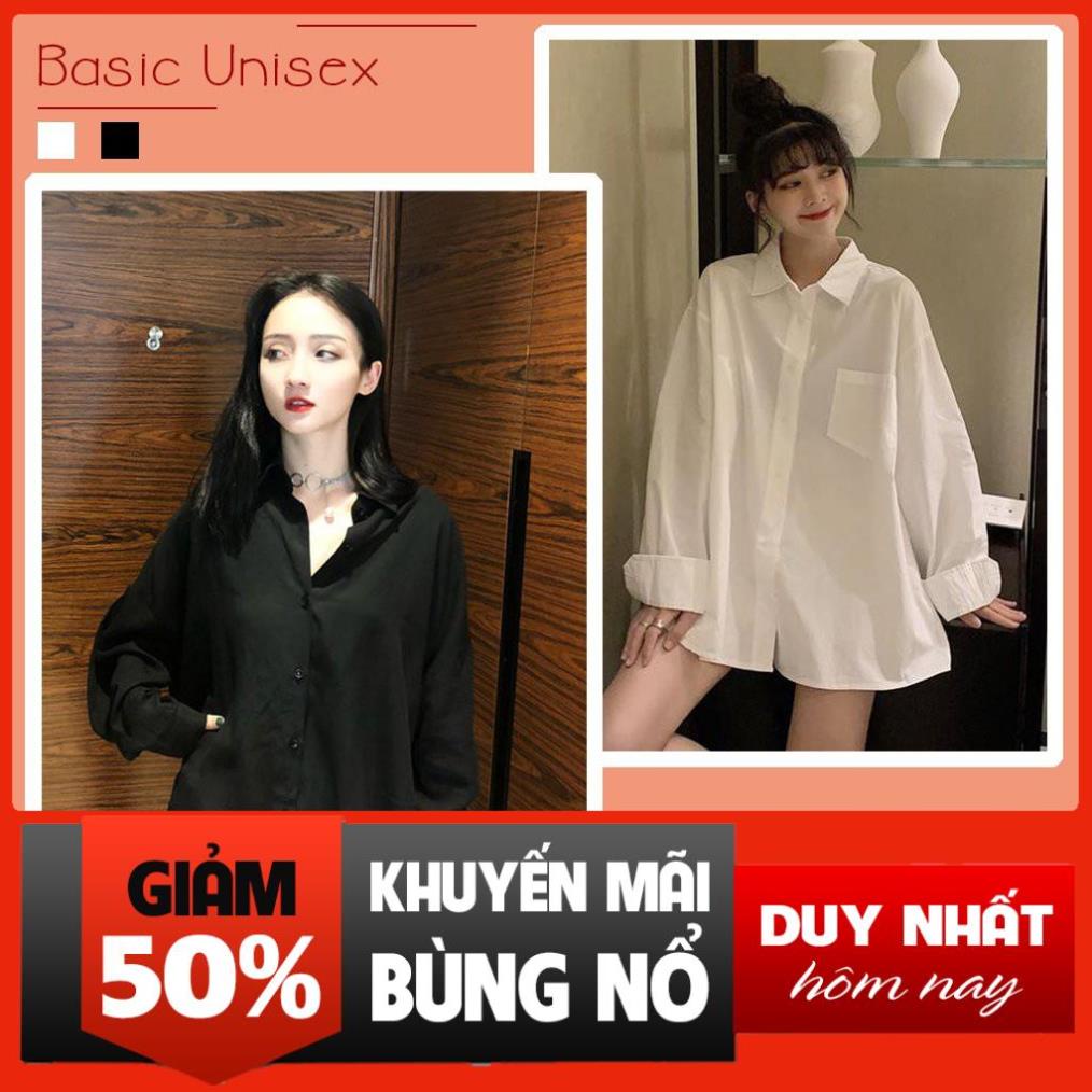 Áo sơ mi dáng rộng nữ nam trơn Basic Unisex Dài Tay trắng đen chất cotton lụa *