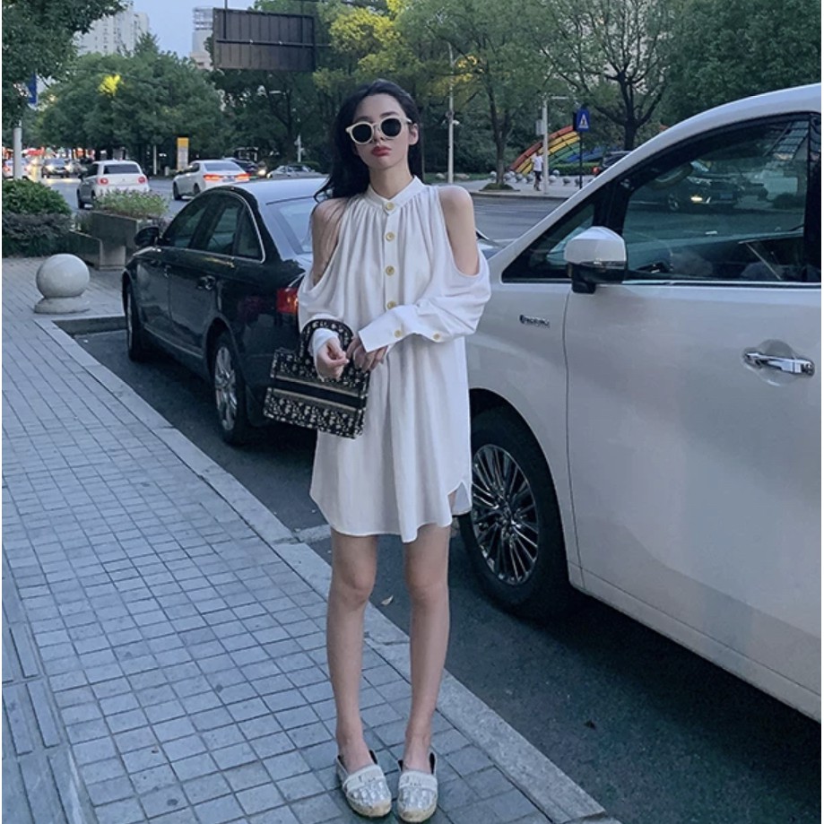 (HÌNH THẬT) Váy Suông Kiểu Sơ Mi Khoét Tay Nút Gỗ (TRẮNG) | BigBuy360 - bigbuy360.vn