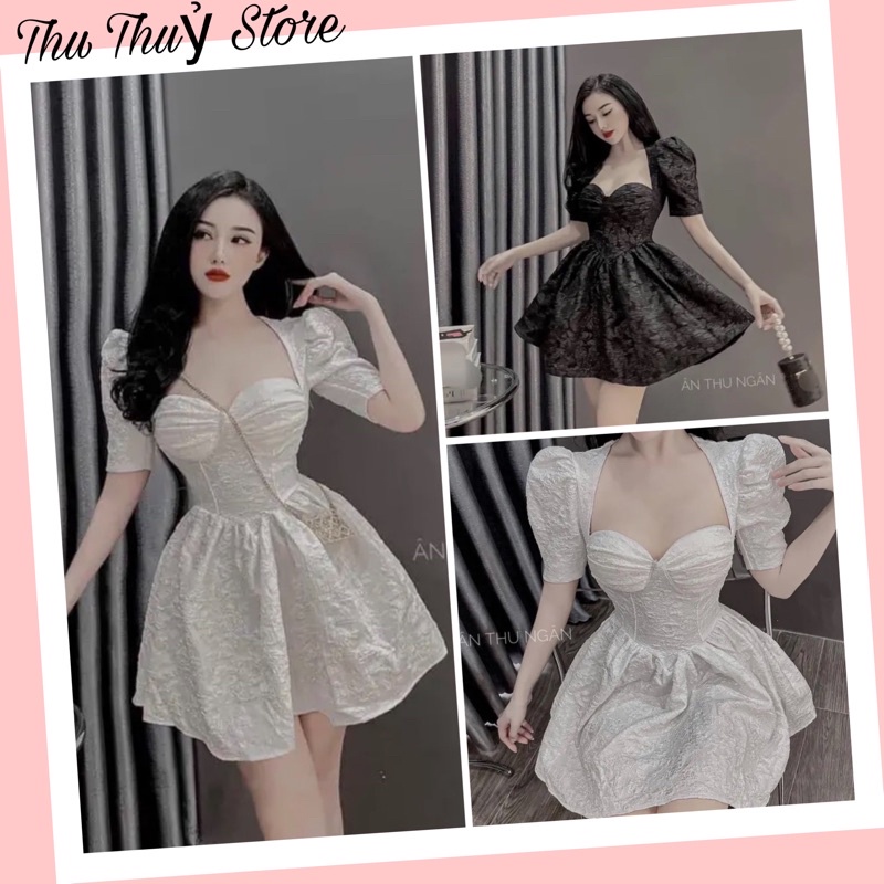 Váy trắng - đen gấm nữ cúp ngực tay bồng dáng xòe ôm body tiểu thư bánh bèo đi tiệc cưới ulzzang Hàn Quốc