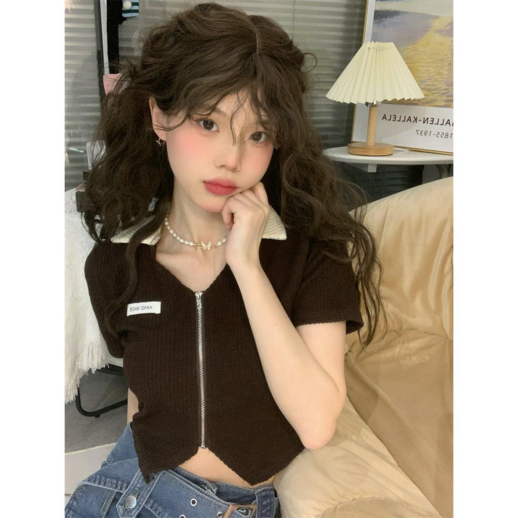 QADCOL Áo Thun Dệt Kim Tay Ngắn Dáng Ôm Có Khóa Kéo Thời Trang Mùa Hè Cho Nữ