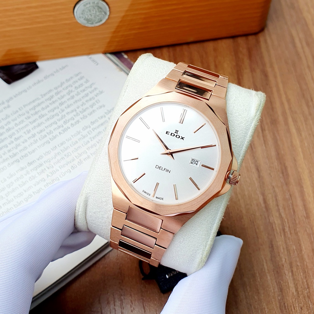 Đồng hồ nam chính hãng Edox Delfin Rose Gold Steel - Máy quartz pin - Kính Sapphire nguyên khối