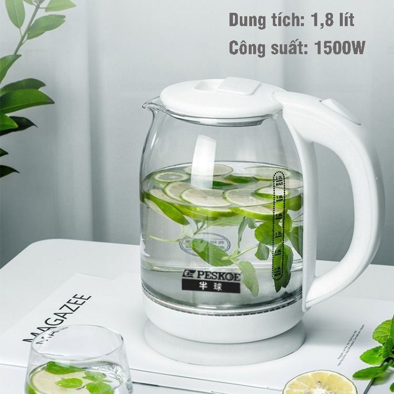 Ấm Siêu Tốc Thủy Tinh - Ấm Đun Nước Thủy Tinh Công Suất Lớn 1500W Dung Tích 1.8 Lít HB88