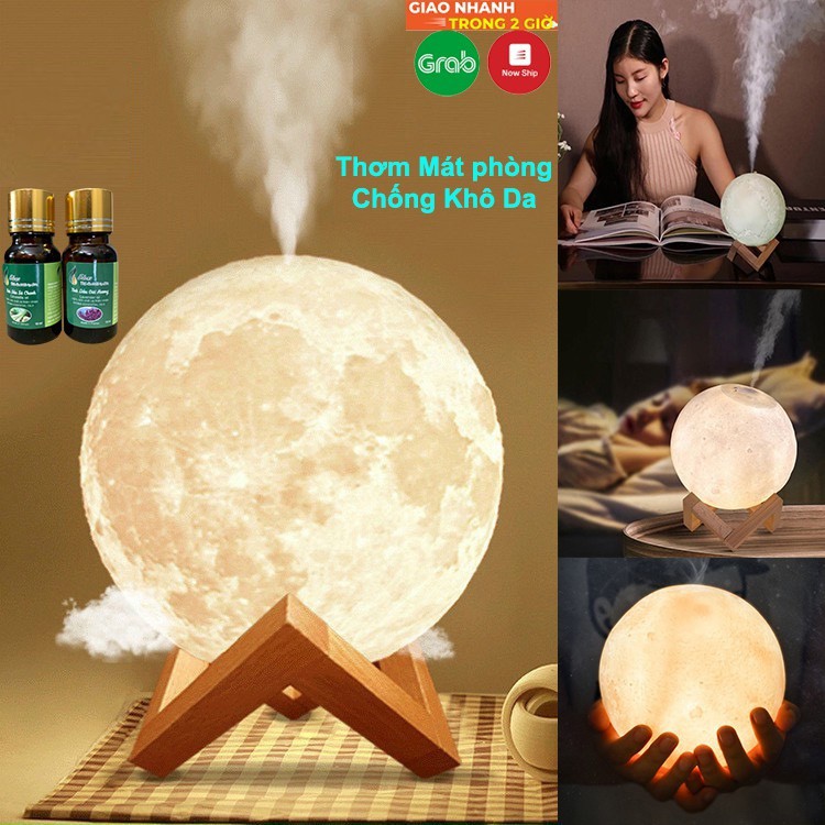 [ Hàng Loại 1 BẢO HÀNH 3 THÁNG] Máy xông tinh dầu kiêm đèn ngủ mặt trăng để bàn kèm điều khiển có sẵn cả dây sạc đế gỗ