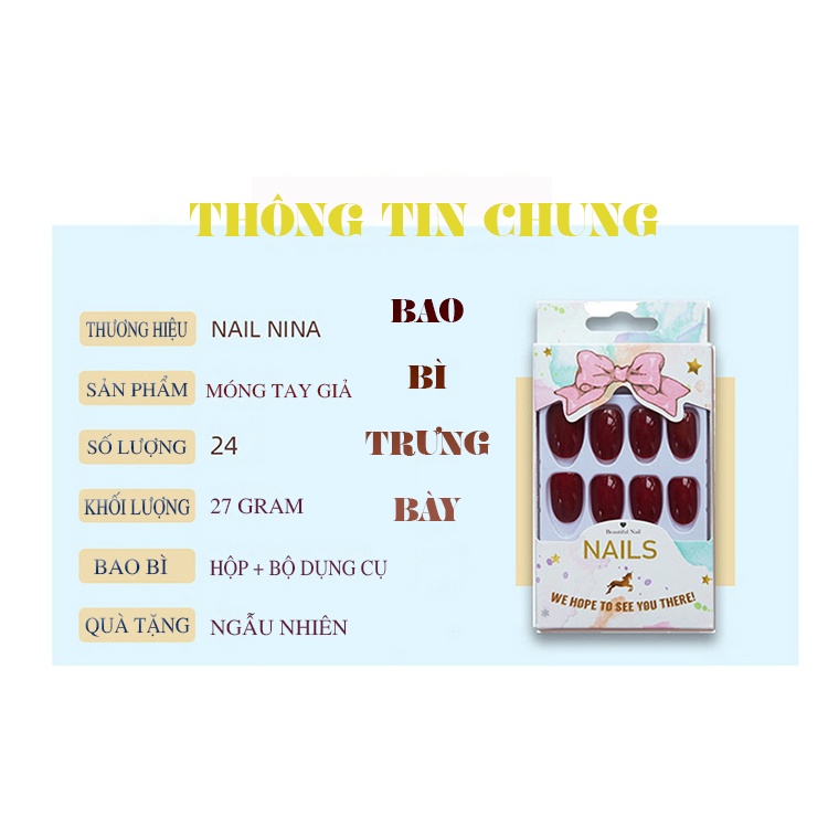 Bộ 24 móng tay giả Nail Nina trang trí nghệ thuật họa tiết Pha lê bột ngọc trai nhân tạo mã 209【Tặng kèm dụng cụ lắp】
