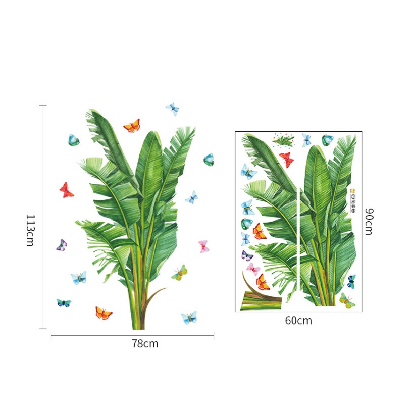 Decal dán tường trang trí - BƯỚM NGŨ SĂC CÙNG CÂY CHUỐI XANH