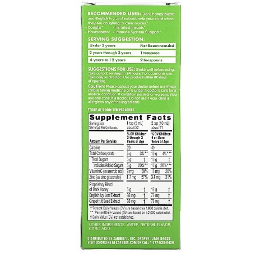Siro giảm ho đờm, ho khan Zarbees Cough Syrup Mucus hàng Mỹ cho bé từ 6 tháng