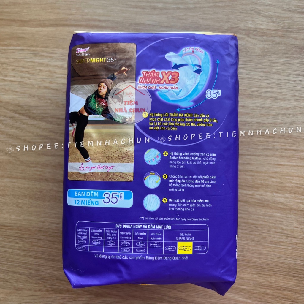 Gói 12 Miếng Băng Vệ Sinh Diana Super Night Siêu Thấm Có Cánh siêu tiết kiệm HÀNG CHÍNH HÃNG