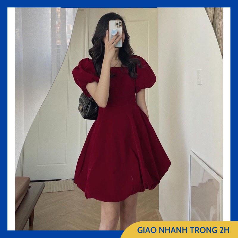 Váy Nhung Nữ, Đầm Bí Tay Bồng Cổ U Dáng Xòe Chất Nhung Cao Cấp 2 Màu Đỏ, Đen Thời Trang Sang Trọng, Thanh Lịch.