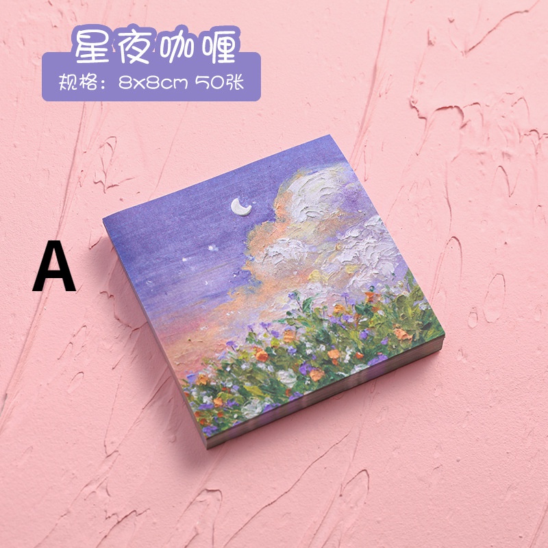 Set 50 Giấy Note Ghi Chú Hình Vuông In Họa Tiết Tranh Sơn Dầu Diy Cho Học Sinh