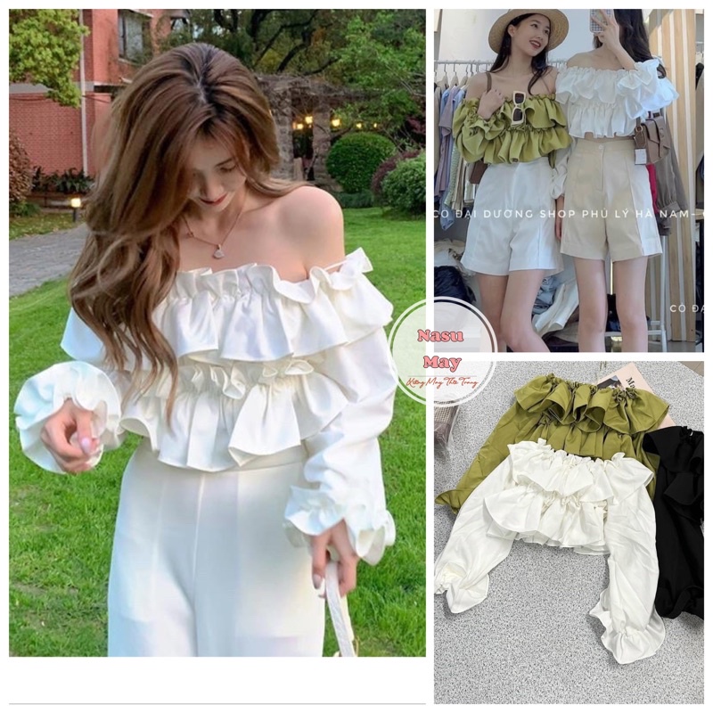 Áo Trễ Vai Croptop Bèo Nhún Trắng Bánh Bèo Nữ Tiểu Thư Dài Tay