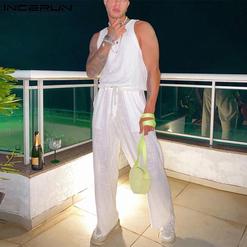 Bộ áo liền quần INCERUN cổ tròn không tay dây rút thời trang dành cho nam