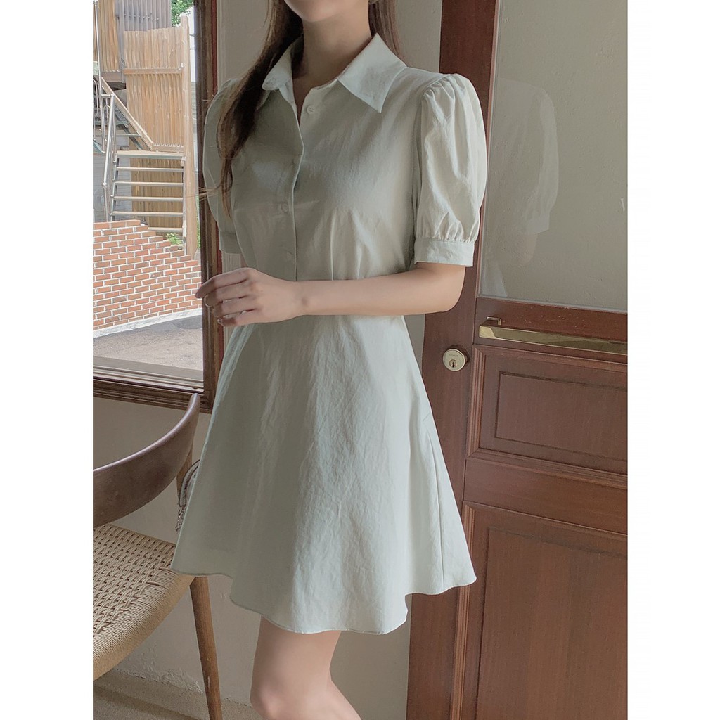 Đầm 44778 thời trang tay ngắn lưng cao màu trơn phong cách Hàn Quốc thanh lịch