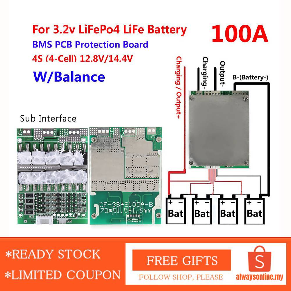 Bảng Mạch PCB 4S 100A BMS Bảo Vệ Pin LiFePo4 LiFe 18650
