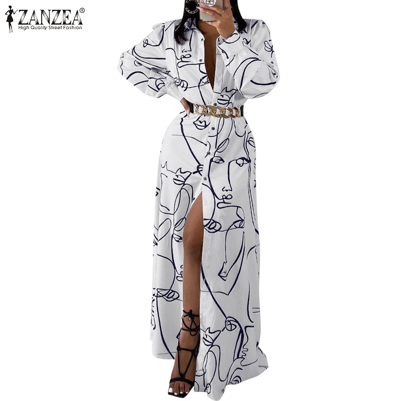 Đầm maxi Zanzea cài nút cổ bẻ tay dài in họa tiết thời trang cho nữ