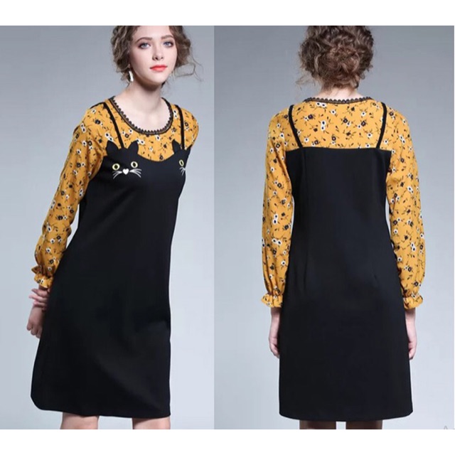 Đầm thun big size tay dài hình mèo size đại 70-100kg