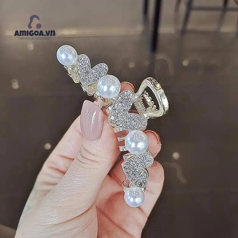 ✨✨Kẹp Tóc Hợp Kim Hình Cá Mập Đính Đá Ngọc Trai Nhỏ Nhắn Dành Cho Nữ