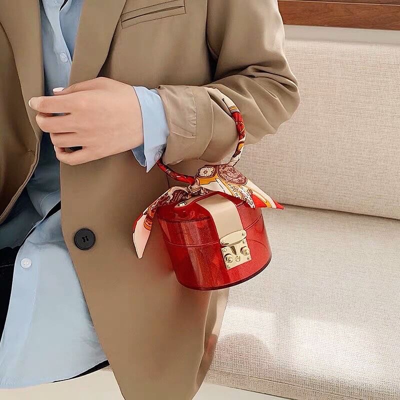 ✧Video thật✧ Túi hộp tròn cầm tay trong suốt kim tuyến đi tiệc kèm khăn lụa sang chảnh TX038 Xưởng Của Vi